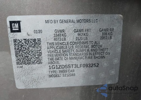 2020 Chevrolet Malibu Fwd Lt из США, поврежденный, VIN 1G1ZD5ST3LF093252